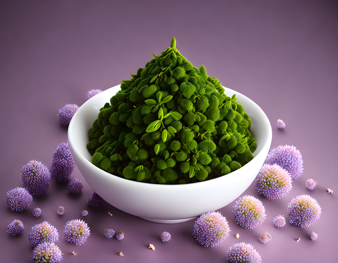 Green plant-like substance in bowl with purple flowers on purple surface