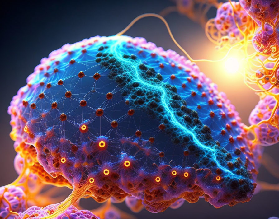 3D illustration of neuron network with interconnected nodes emitting light