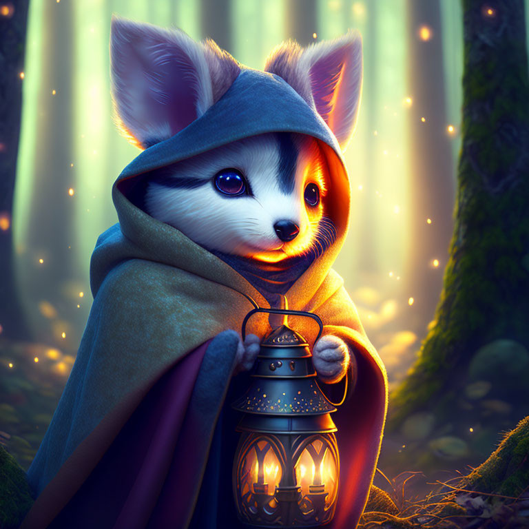 Anthropomorphic fox in blue cloak with lantern in enchanted forest