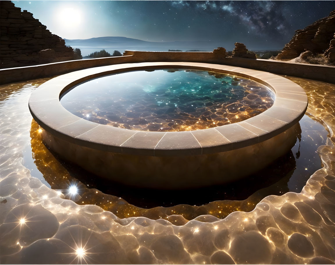 Tranquil geothermal pool under starlit night sky