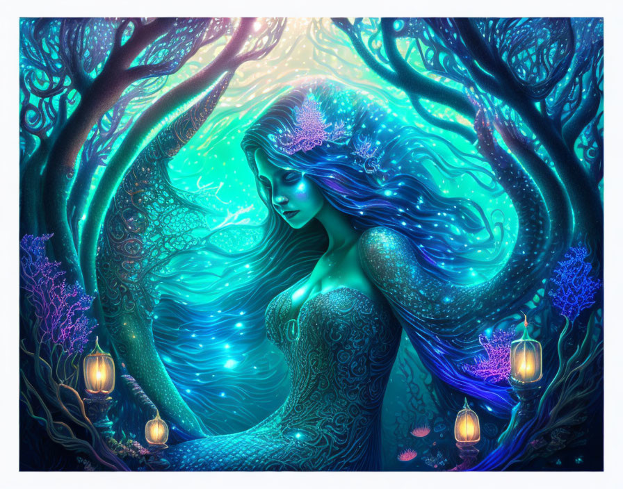 Mystical artwork of serene woman with blue hair in luminous forest