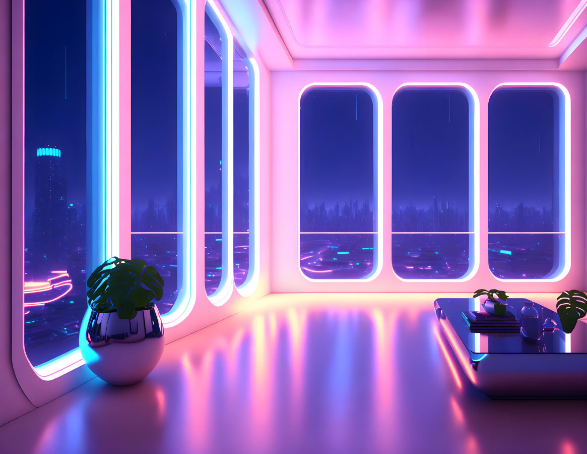 Modern room with neon lights, cityscape view, and reflective plant on glossy surface