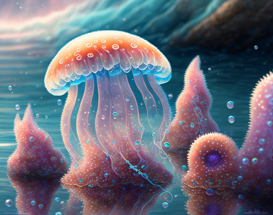 Translucent glowing jellyfish near colorful coral in twilight ocean