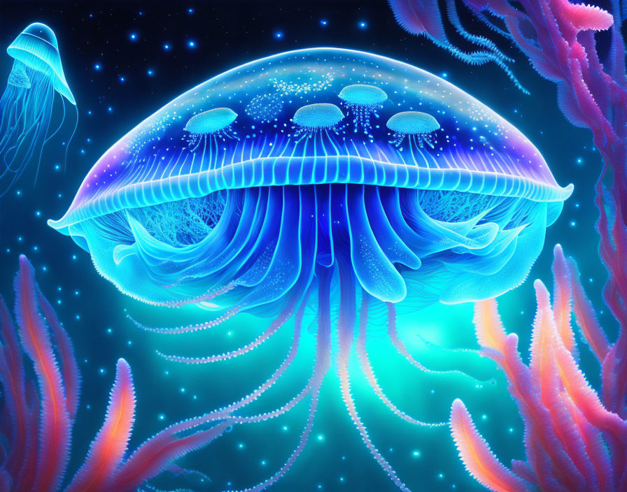 Luminous blue jellyfish and aquatic creatures in dark underwater scene