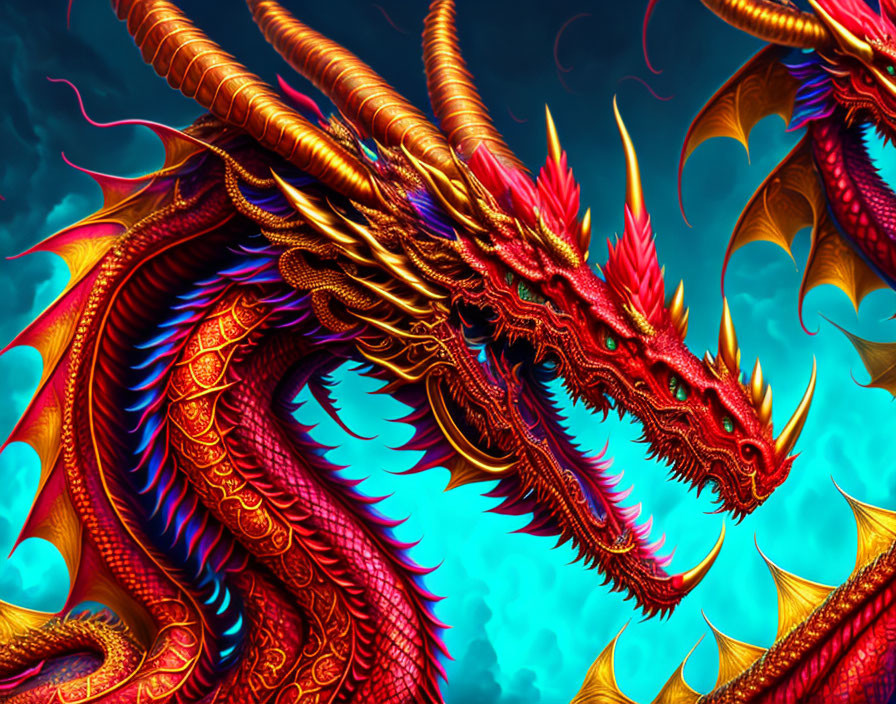 Mythical dragon illustration in red and gold on turquoise background