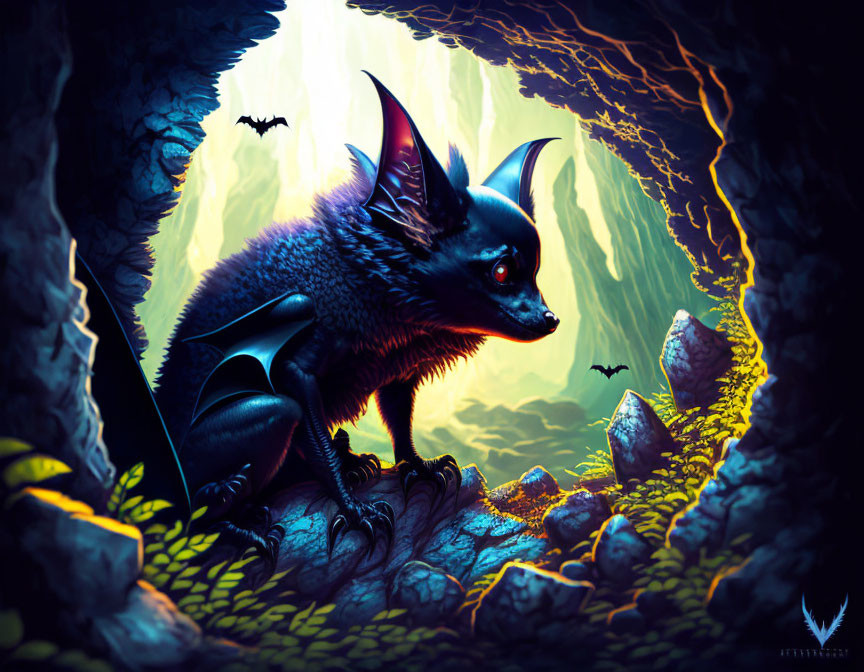 Blue bat-like creature in cave with glowing yellow light
