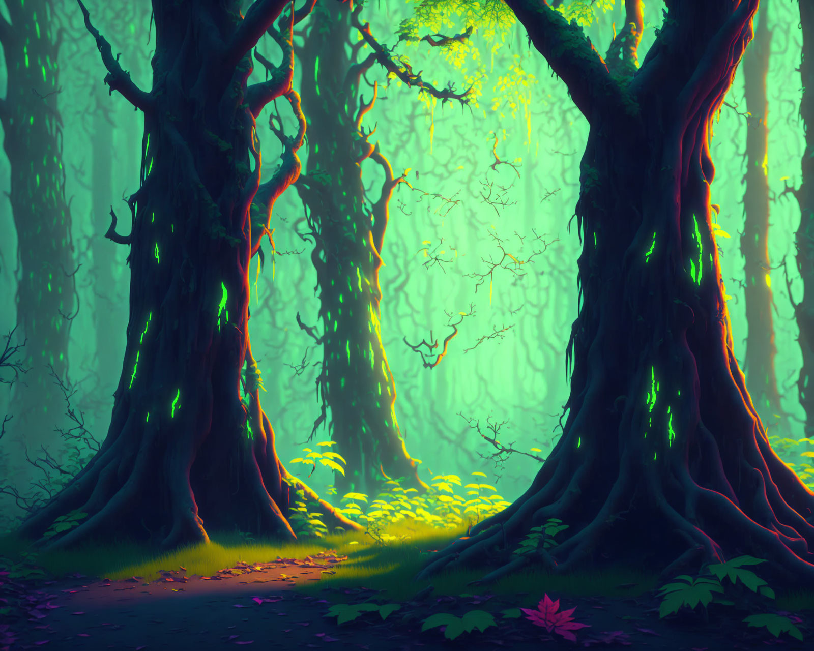 Mystical forest with towering trees and glowing light