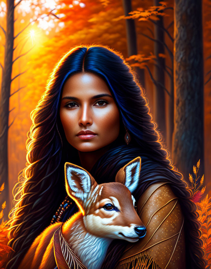 Woman with Dark Hair Holds Fawn in Autumn Forest