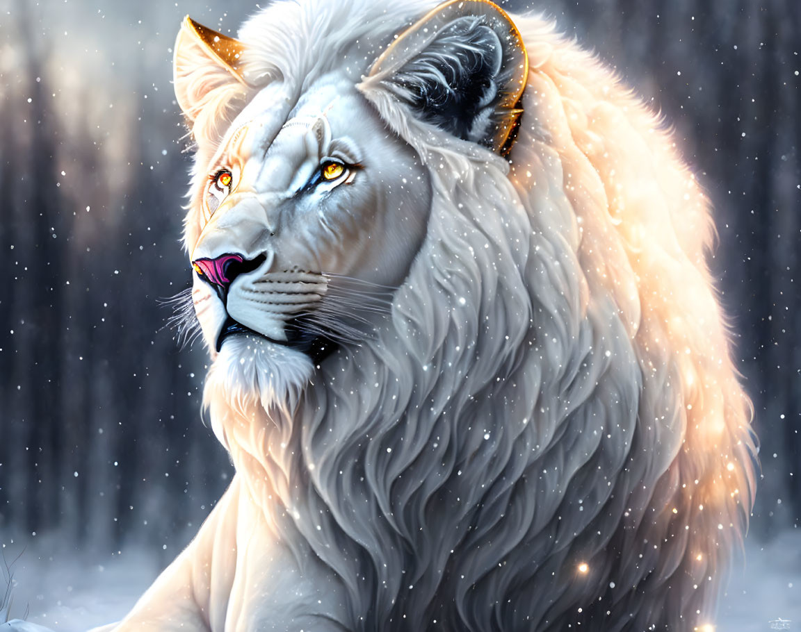 White lion with blue eyes in snowy scene