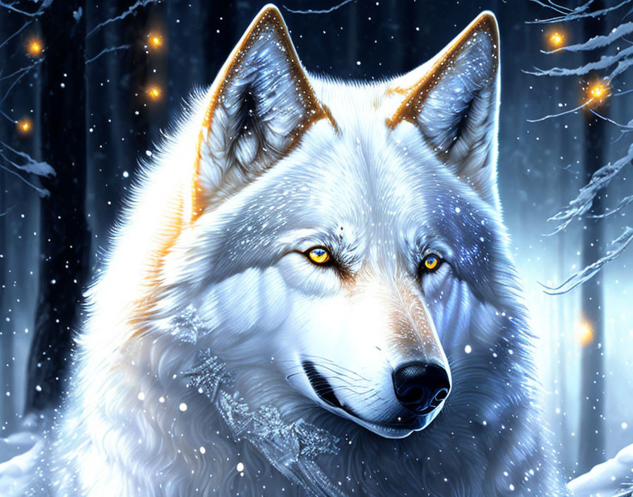 Majestic wolf with yellow eyes in snowy forest with twinkling lights