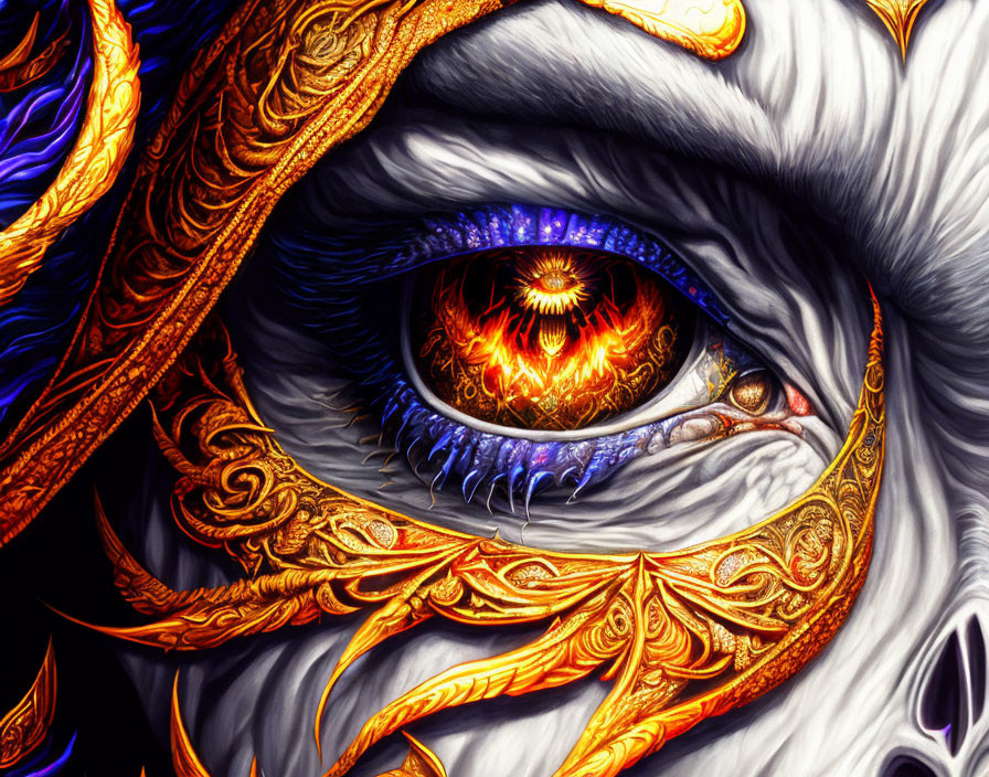 Detailed Stylized Eye Artwork with Gold and Blue Patterns on White Face