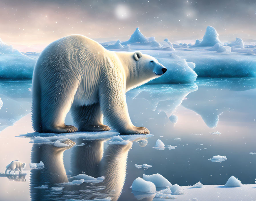 Polar bear on reflective ice in snowy landscape