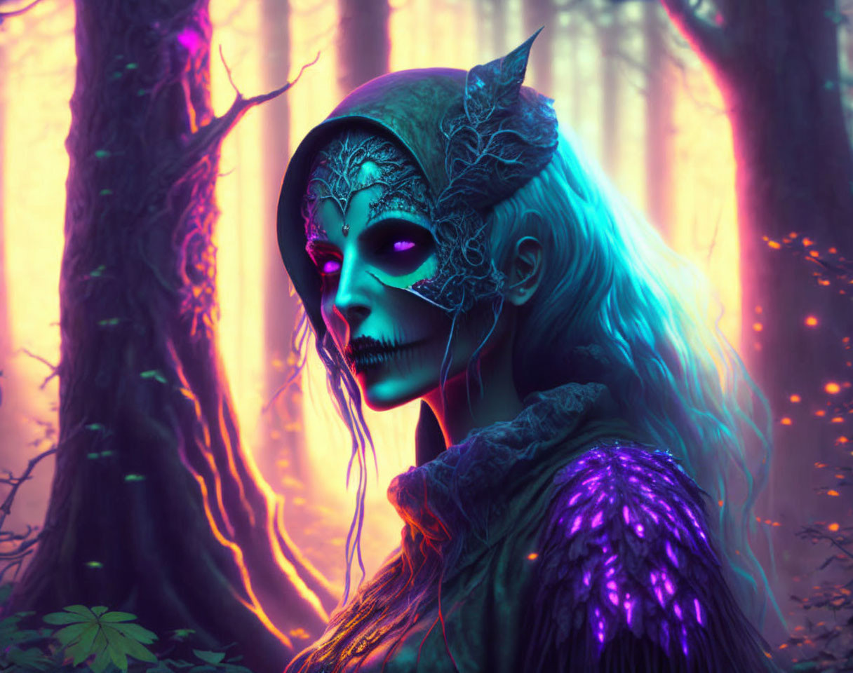 Mystical figure with skull-like face in enchanted forest with purple lighting