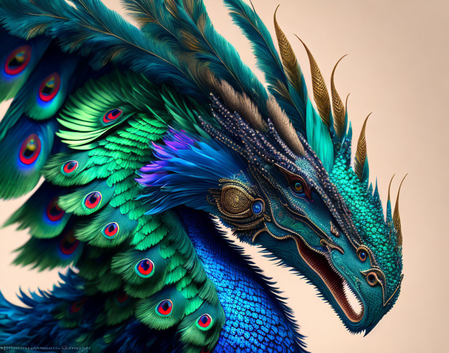 Colorful dragon artwork with peacock feather scales on beige background