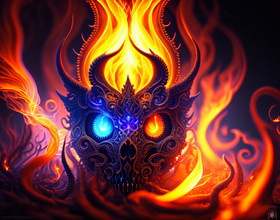 Intricate ornate mask with glowing blue eyes in swirling orange flames