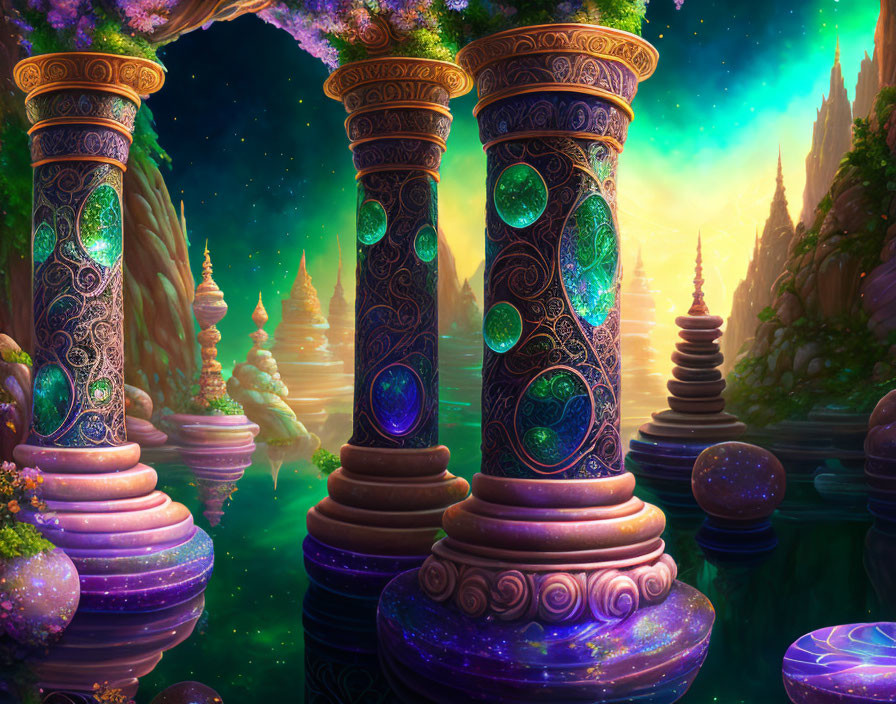 Fantasy landscape with ornate pillars, gemstones, and magical sky