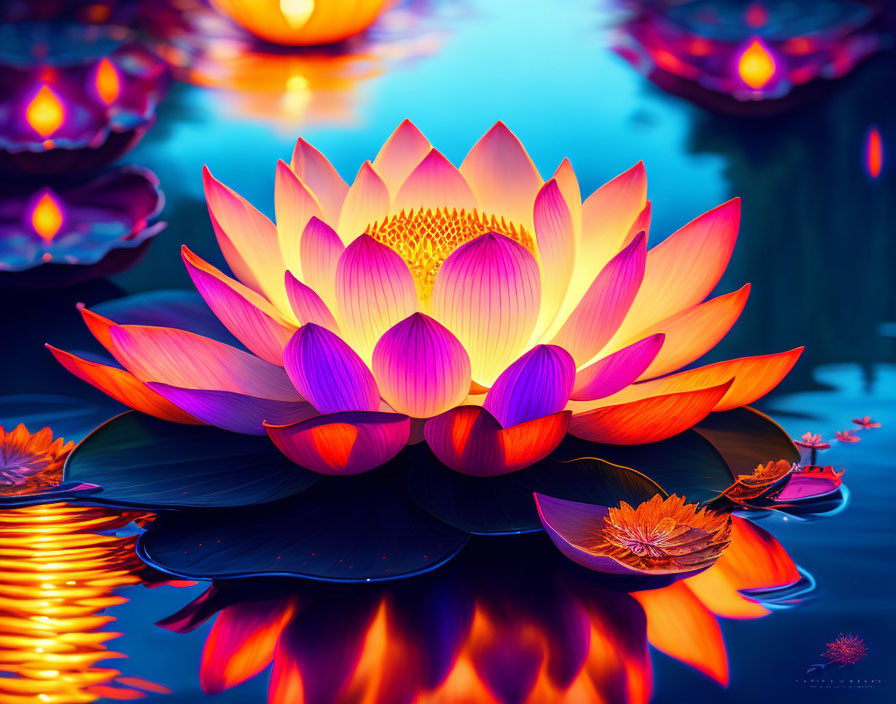 Colorful Lotus Flower Artwork with Pink and Orange Petals on Blue Water