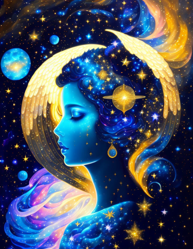 Celestial woman with blue skin, golden wing, stars in hair, surrounded by cosmic elements