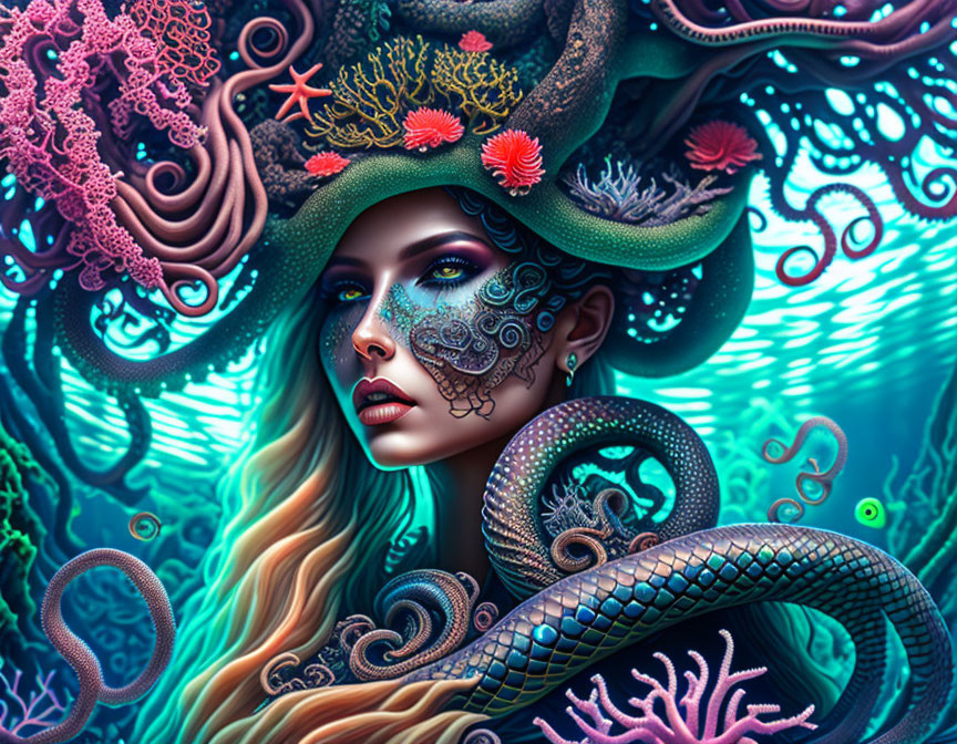 Detailed marine-themed body art illustration of a woman with coral, sea creatures, and swirling octopus.