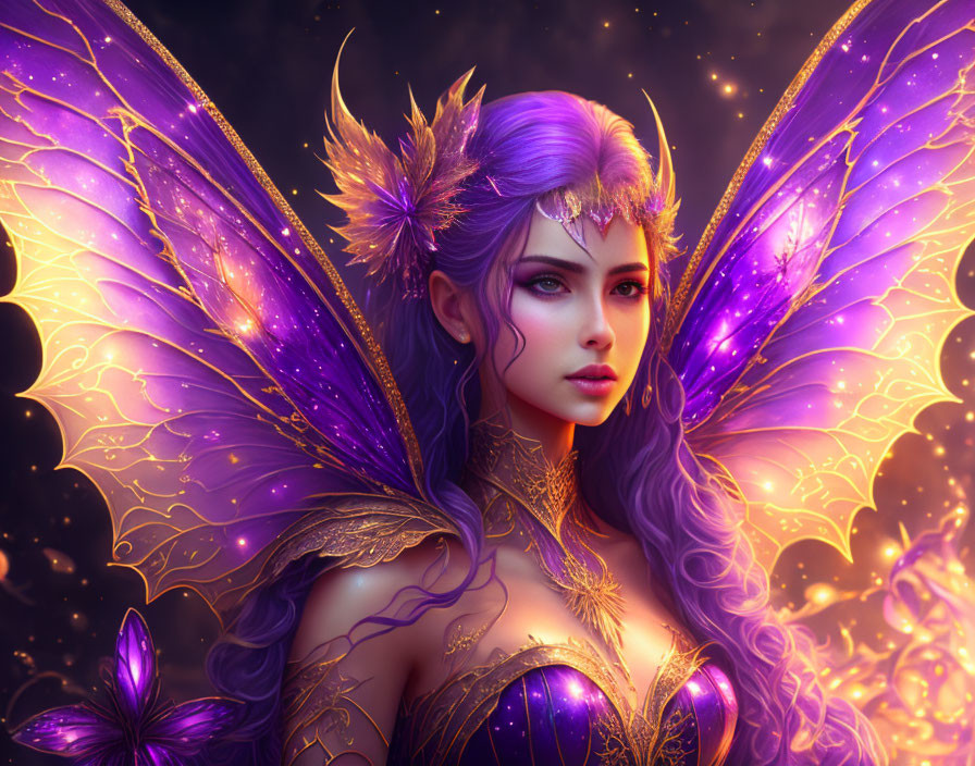 Fantasy illustration of woman with purple hair, golden headpiece, and butterfly wings