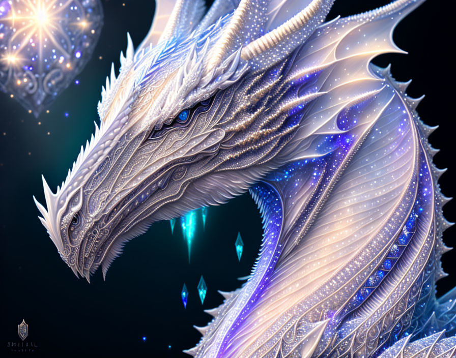 Detailed White and Blue Dragon with Shimmering Scales and Crystal-like Structures