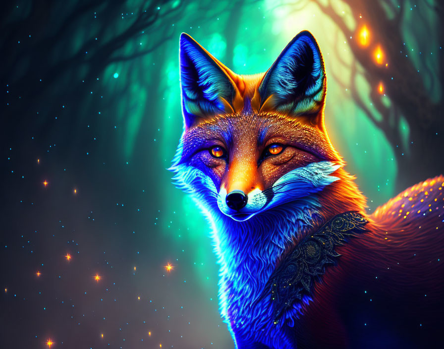 Colorful Fox Illustration with Mystical Aura and Starry Background