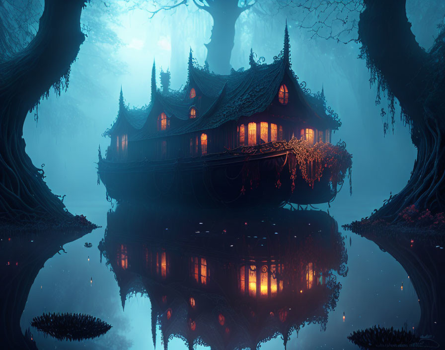 Mystical illuminated houseboat in serene foggy forest at twilight