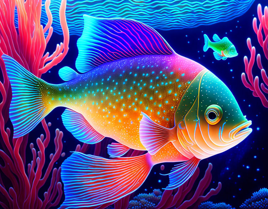 Neon-colored fish with starry pattern in fluorescent coral reef