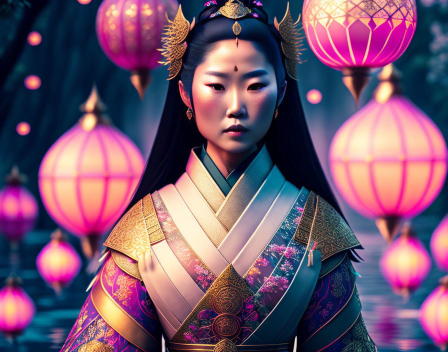 Traditional Asian Attire Woman Amid Glowing Lanterns