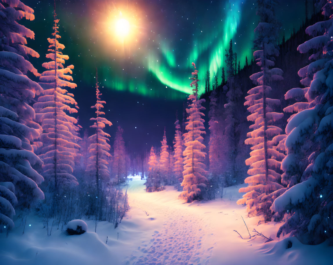 Majestic aurora borealis over snowy winter forest