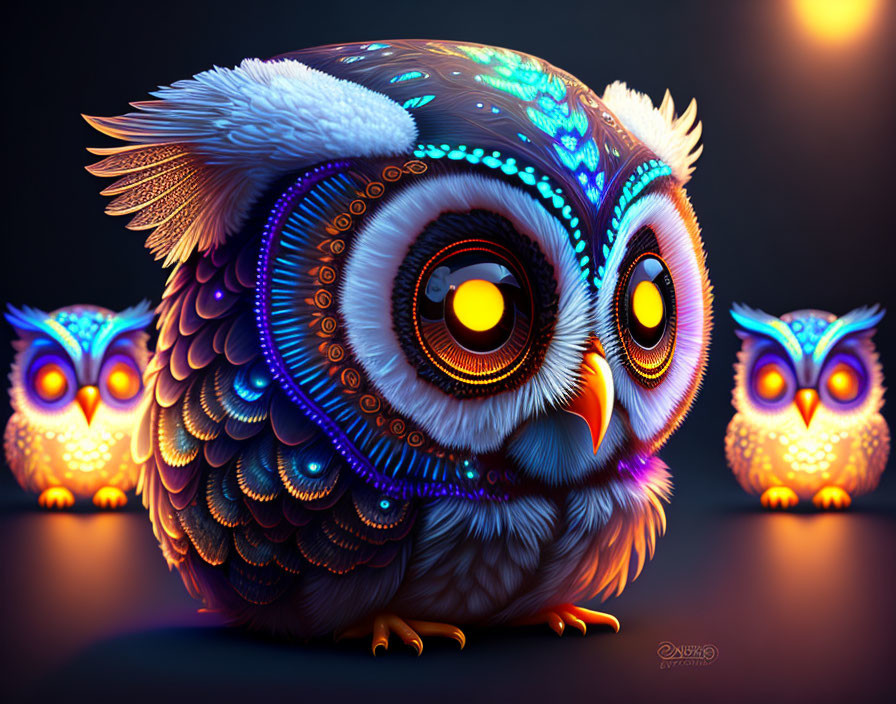 Colorful digital artwork featuring three stylized owls with intricate patterns and luminous eyes on a dark