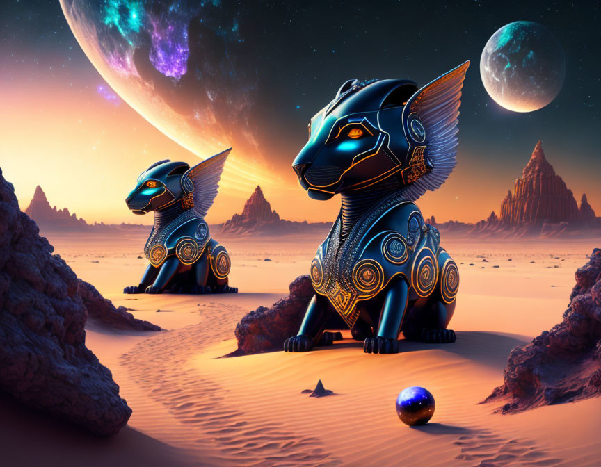 Stylized Egyptian sphinx statues in surreal desert landscape with dramatic rock formations and two moons.