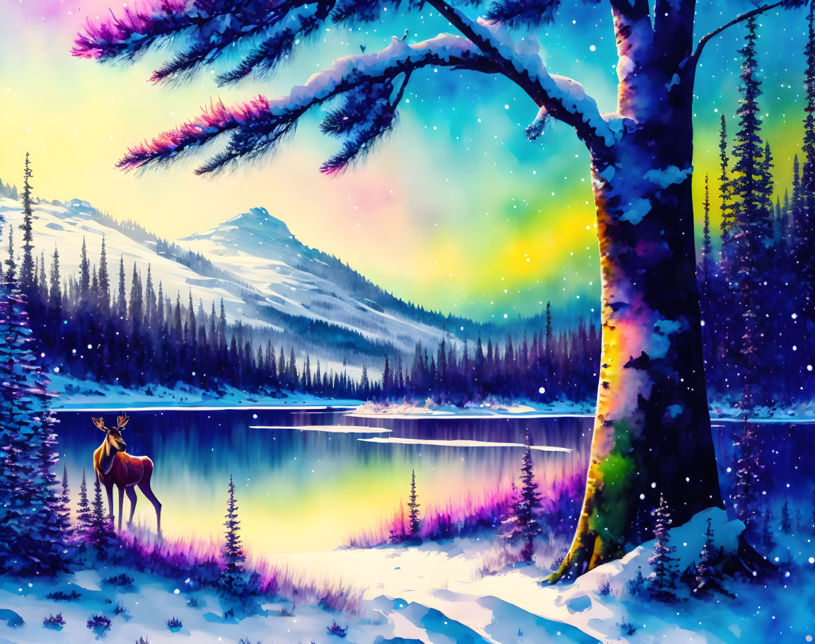 Winter Moose Scene by Lakeside: Vibrant Illustration of Aurora-lit Sky, Snowy Trees