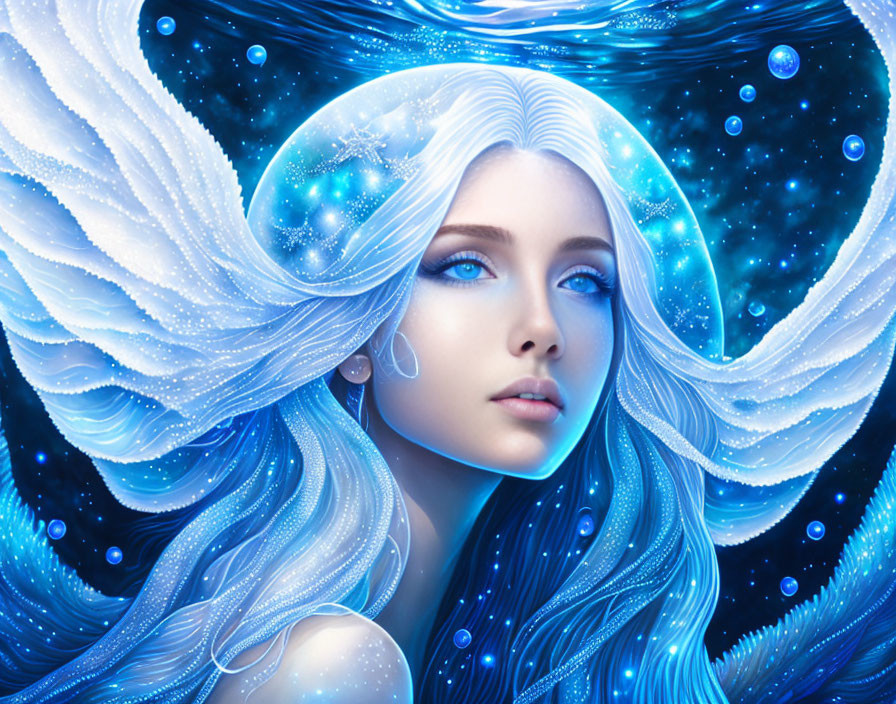 Fantasy illustration of woman with blue hair and eyes, adorned with stars, surrounded by cosmic waves in