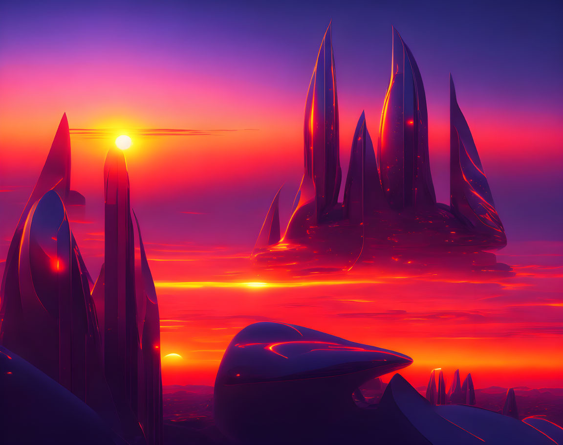 Surreal landscape with crystal-like structures under vivid sunset sky