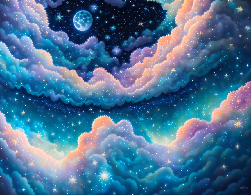 Vibrant digital artwork: Layered clouds, stars, full moon in blue and purple.