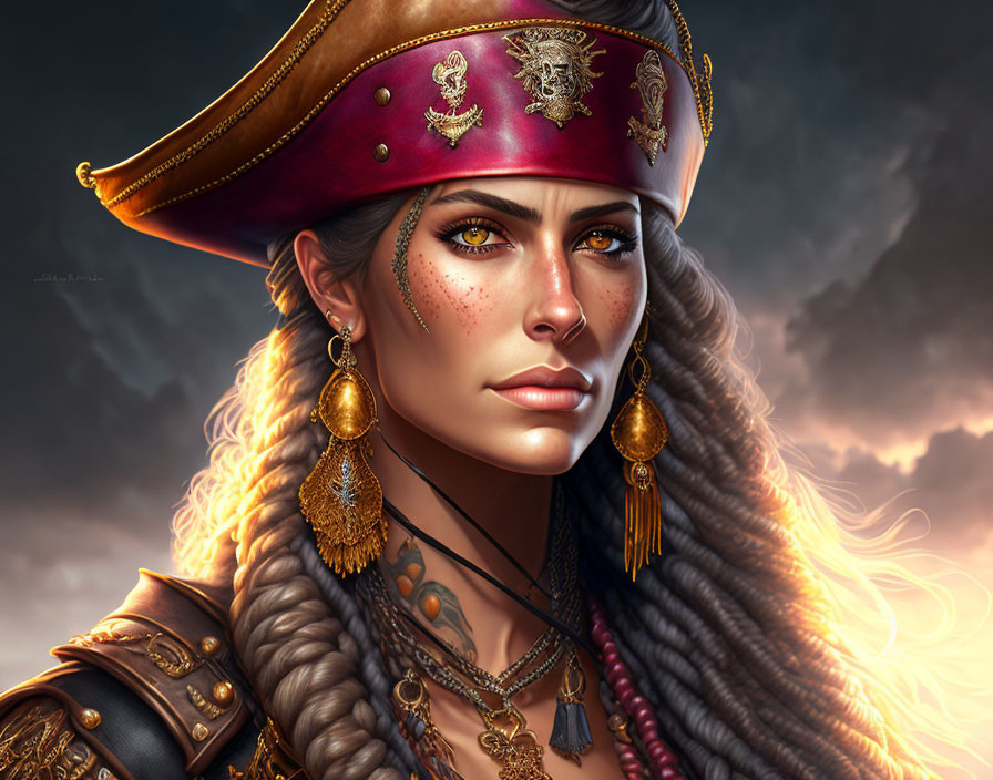 Detailed digital portrait of woman in pirate attire with tricorn hat, braided hair, earrings, and