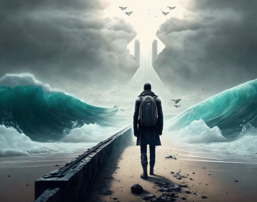 Surreal image of person facing towering waves and futuristic ships