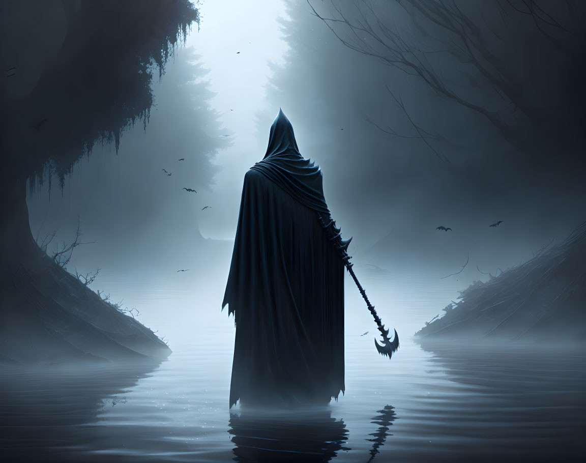 Mysterious cloaked figure with staff by misty river and dark woods