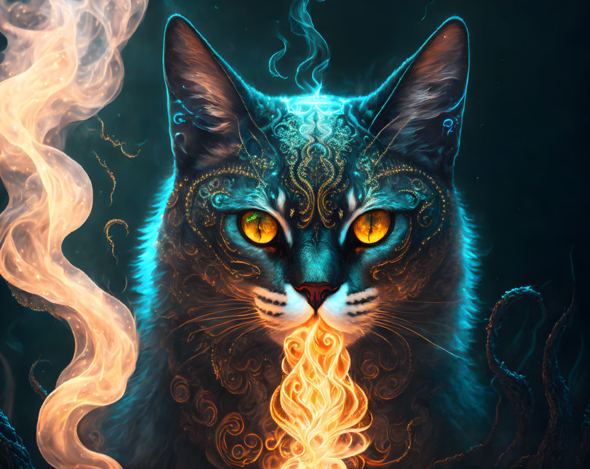 Mystical cat with glowing green eyes and ornate blue patterns in dark setting