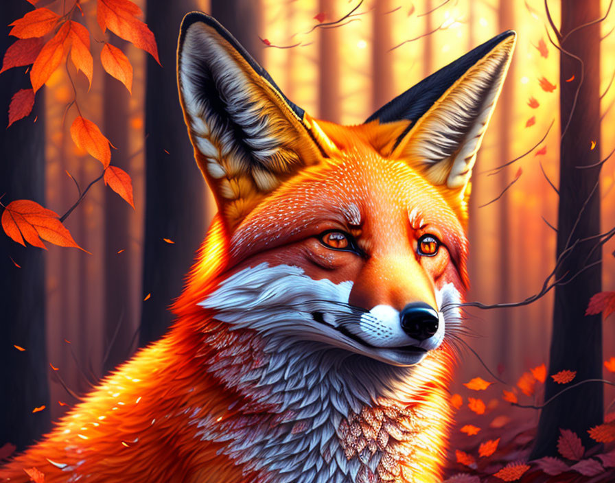 Vibrant digital art of fox in autumn forest with golden light.