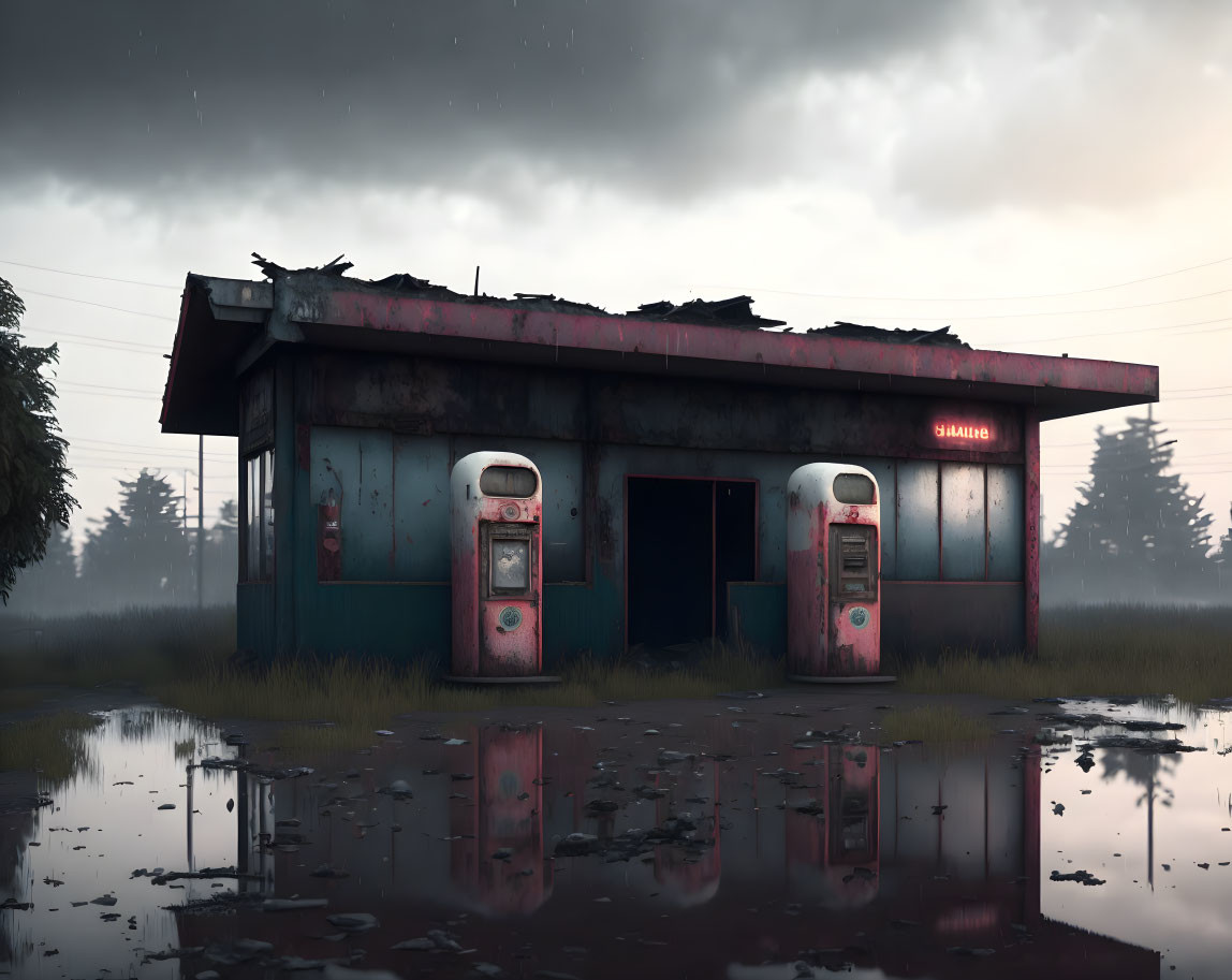 Rusty gas station pumps under stormy sky and reflection in water puddle