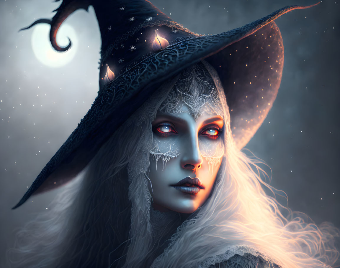 Mystical witch with glowing red eyes and face paint under starry hat