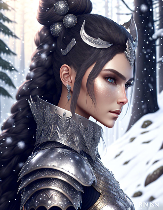 Fantasy female warrior digital artwork with horned headgear and silver armor in snowy forest.