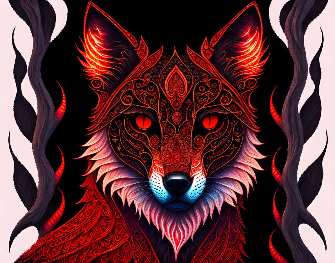 Stylized red-and-black wolf digital art with glowing eyes