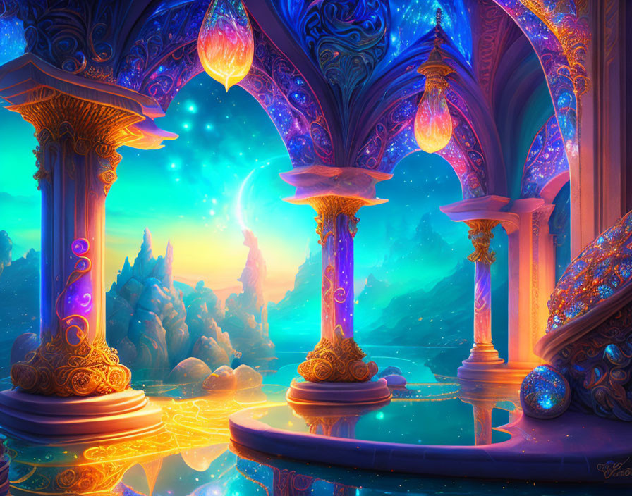 Fantasy palace with golden columns and glowing crystals