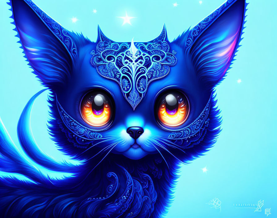 Stylized blue cat with glowing orange eyes and star motifs