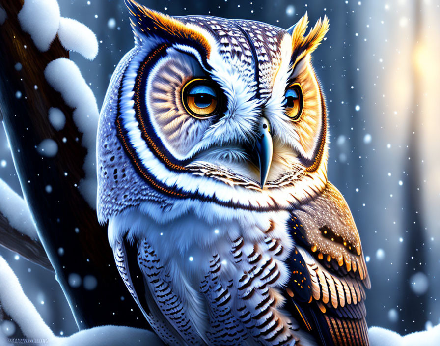 Detailed Owl Illustration on Snowy Night Branch