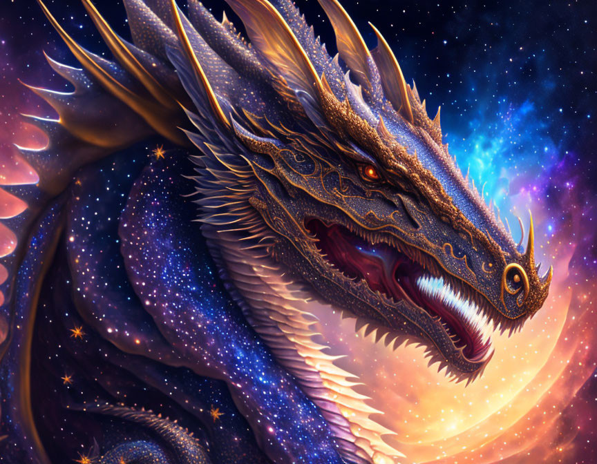 Majestic cosmic dragon with golden details on celestial backdrop