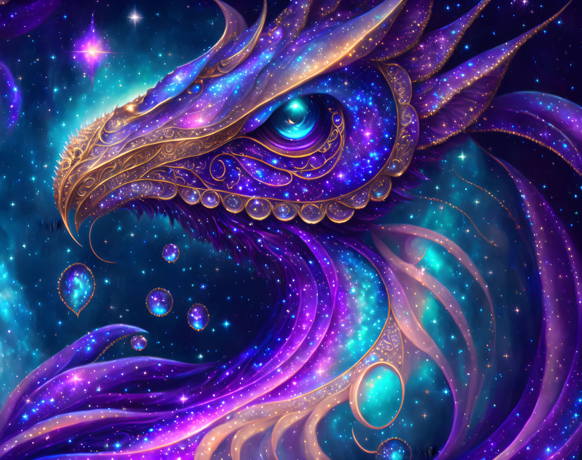 Cosmic dragon with stars, galaxies, and nebulae patterns.